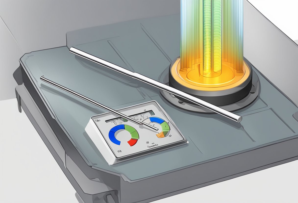 A cylindrical metal rod is placed between two heated plates with thermometers attached. Heat flows through the rod, and the temperature difference is measured to calculate thermal conductivity