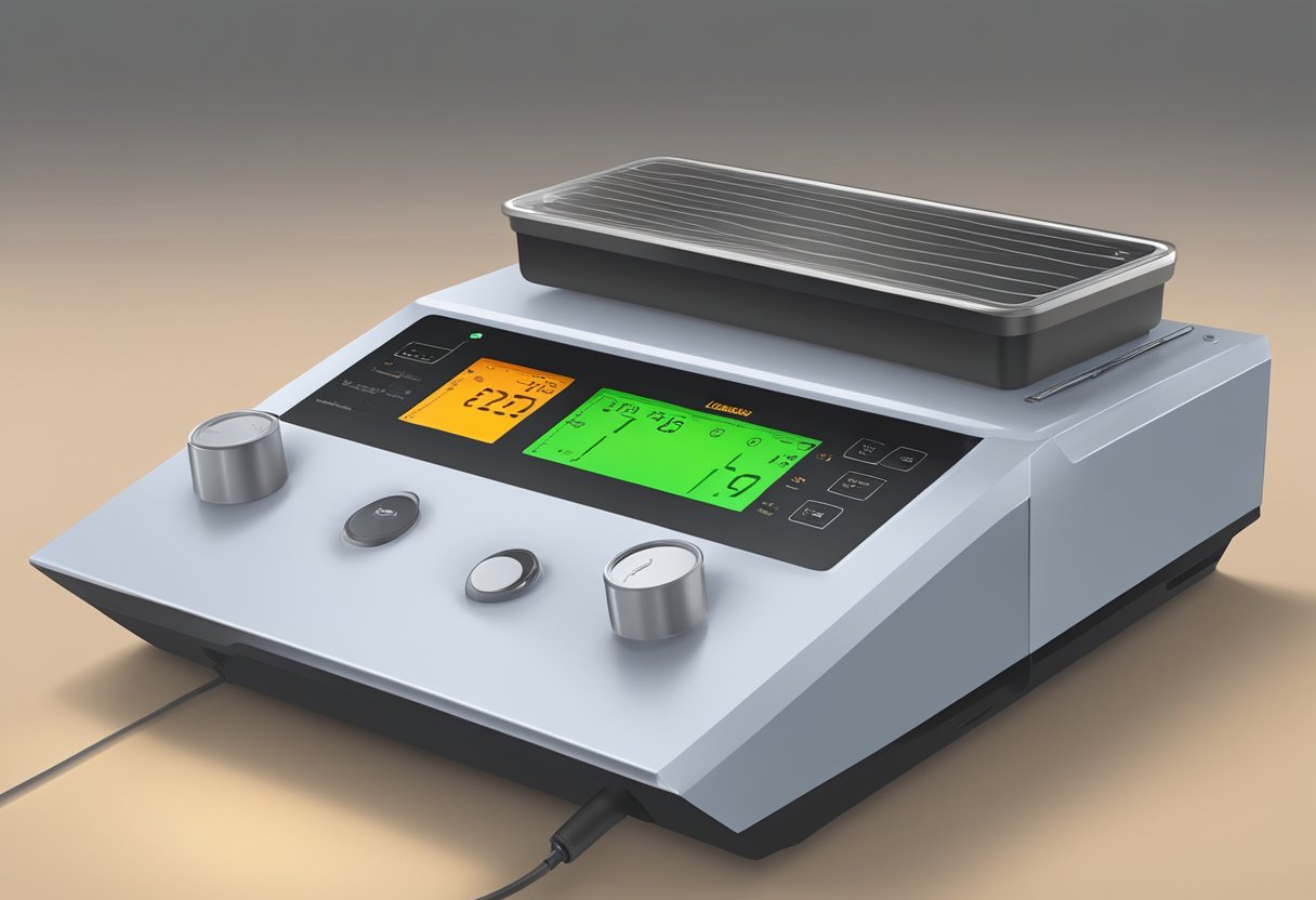 A thermal conductivity measurement device is placed on a flat surface, with wires connected to it and a heat source nearby