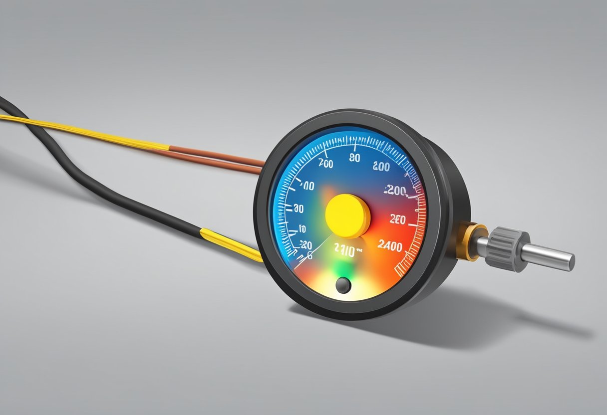 A thermocouple is inserted into a material, measuring heat flow. The temperature difference generates an electrical signal