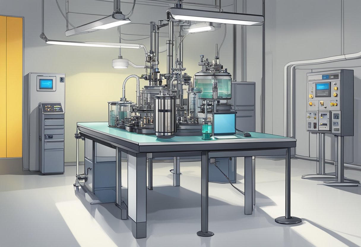 The Isoperibol Bomb Calorimeter sits on a sturdy table, with its metal casing gleaming under the bright laboratory lights. The instrument's components are neatly arranged, ready for use