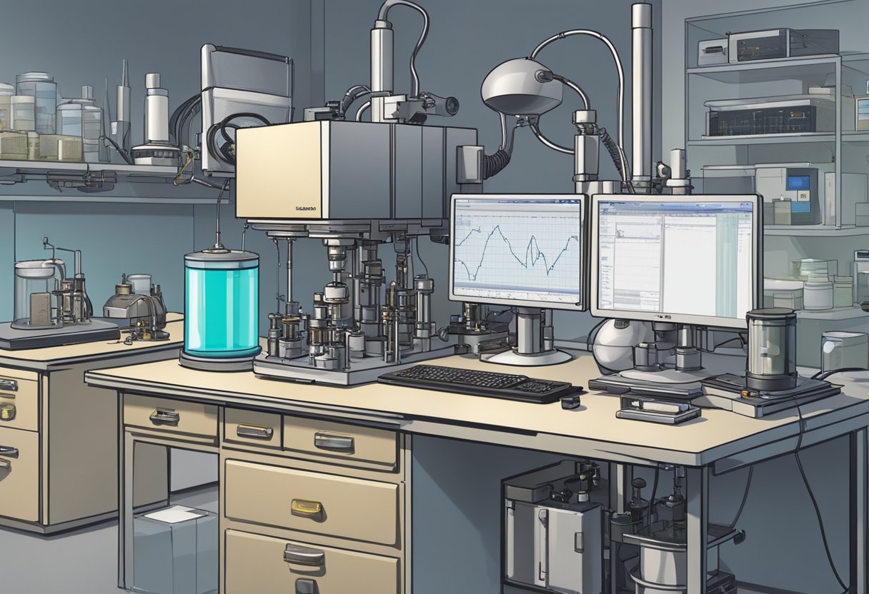 A bomb calorimeter sits on a laboratory bench, surrounded by various scientific equipment. The device is connected to a computer for data analysis