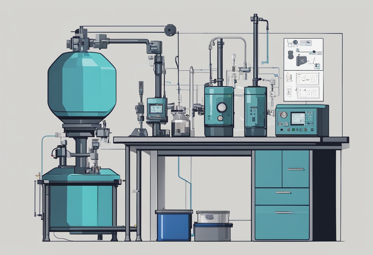 A bomb calorimeter sits on a lab bench, surrounded by various equipment and tools. The cost factors influencing its production and maintenance are displayed on a nearby chart
