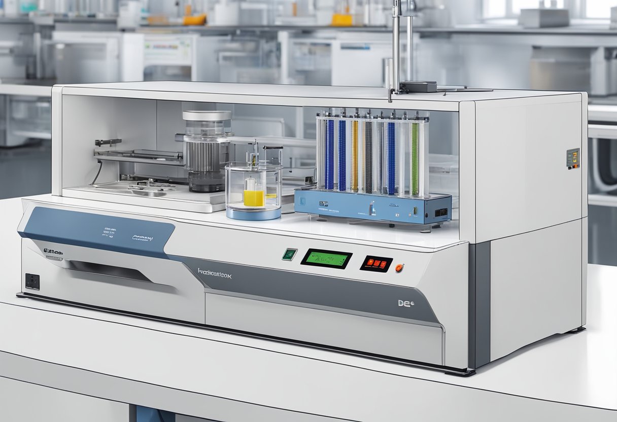 A DSC testing machine sits on a clean, white laboratory bench, with its various components and controls clearly visible