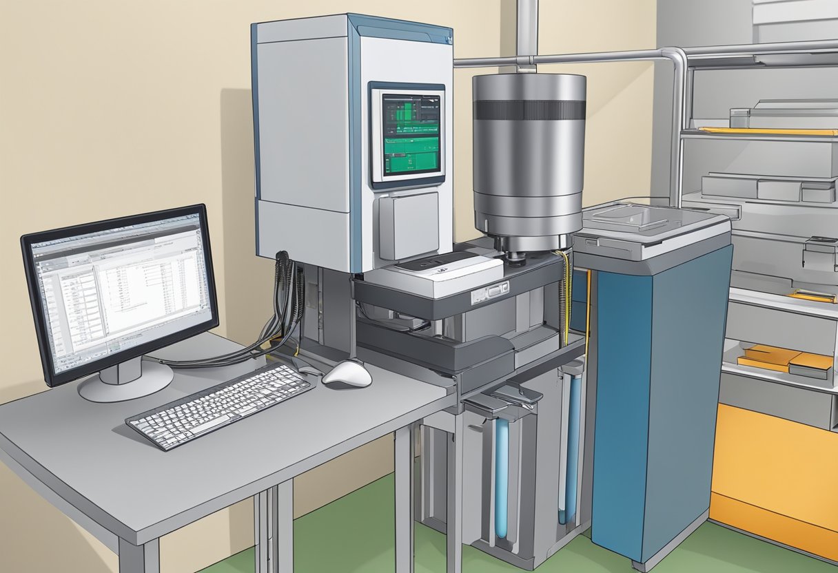 A DSC testing machine is set up with a sample in the chamber, connected to a computer for data collection and analysis