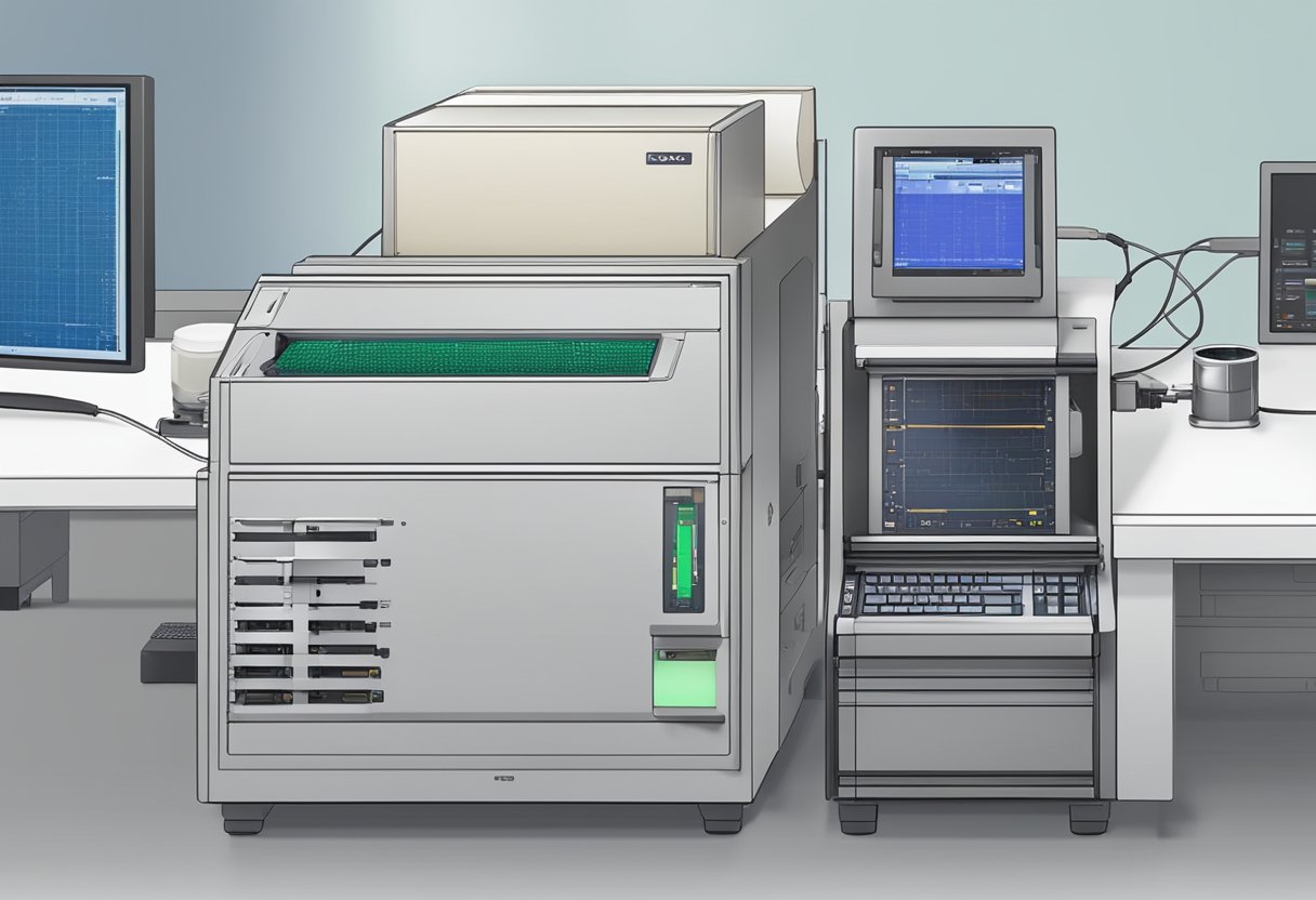 A DSC machine sits on a lab bench with a computer connected. A sample is loaded into the machine's chamber, and the software is running a thermal analysis