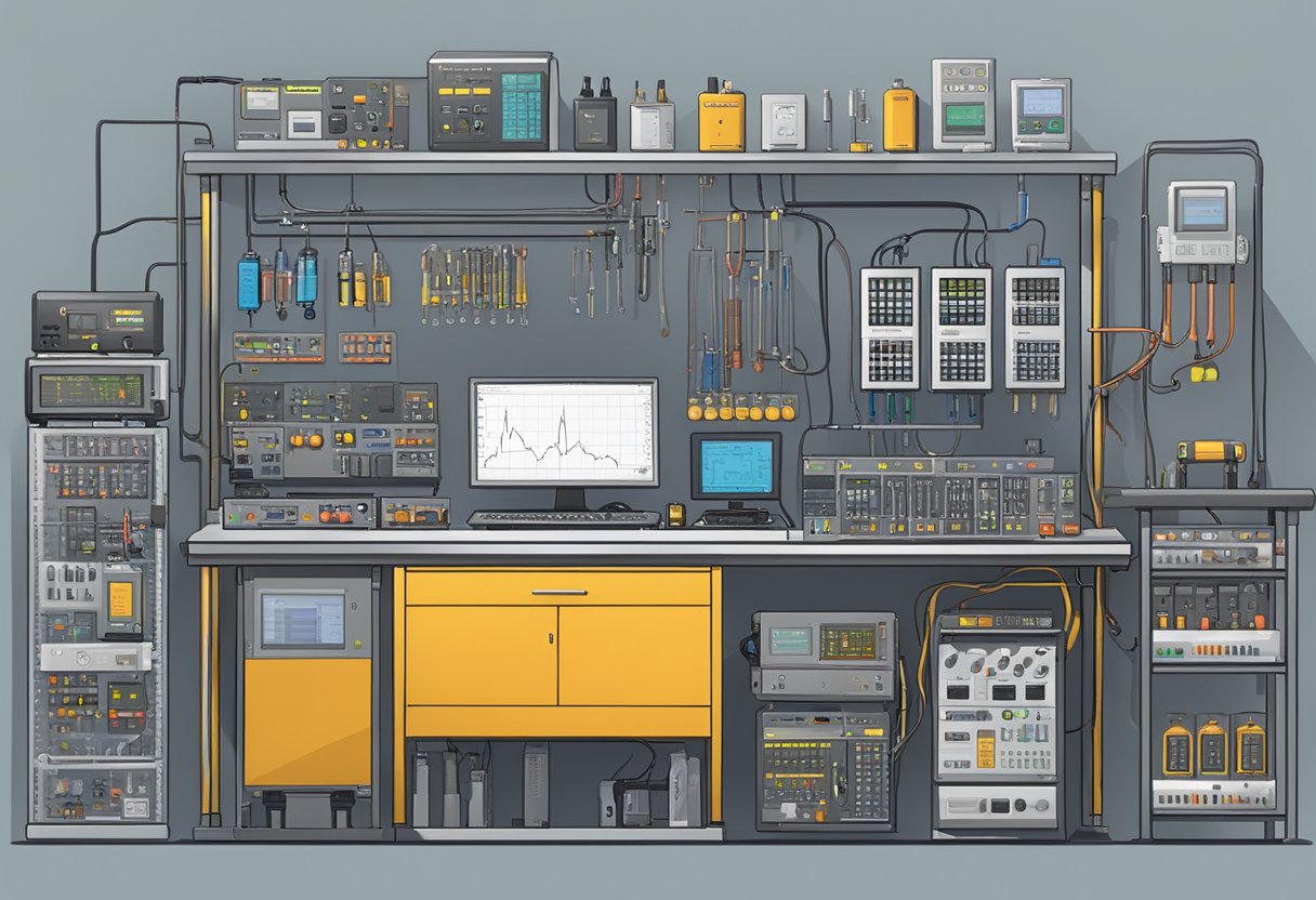 A lab bench with various battery cell testing equipment, including multimeters, power supplies, and data logging devices