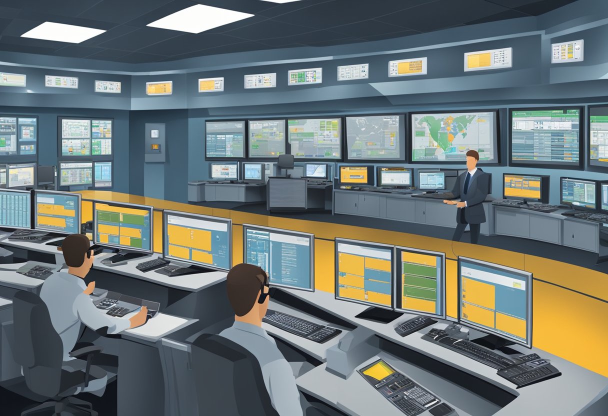 A control room with operators monitoring screens and control panels, with safety signs and equipment present throughout the facility