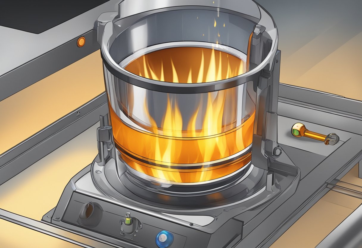 A small, sealed cup containing a flammable liquid is placed in a controlled environment. A flame is brought near the cup, and the temperature at which the liquid ignites is measured