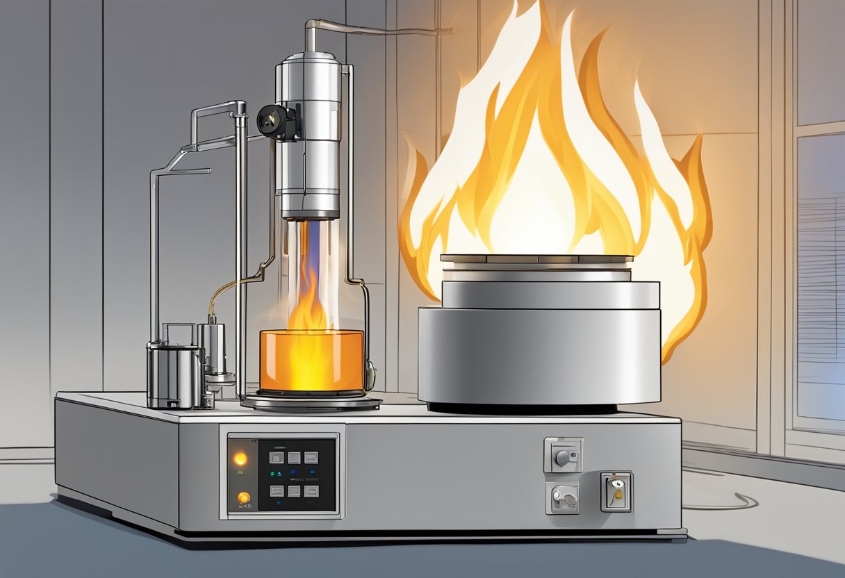 A closed cup flash point test apparatus with a sample being heated by a flame in a controlled environment