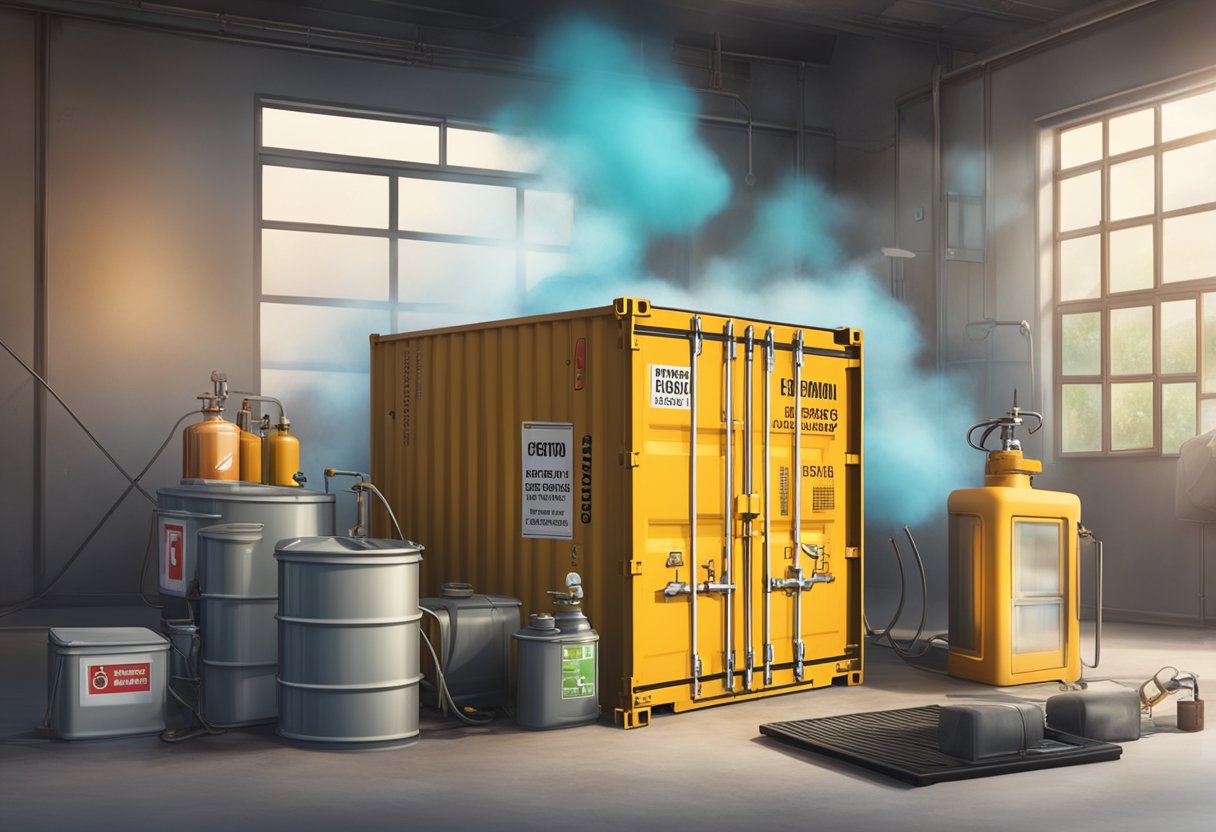 A chemical reaction causes heat and smoke to emit from a container, with warning signs and emergency equipment nearby